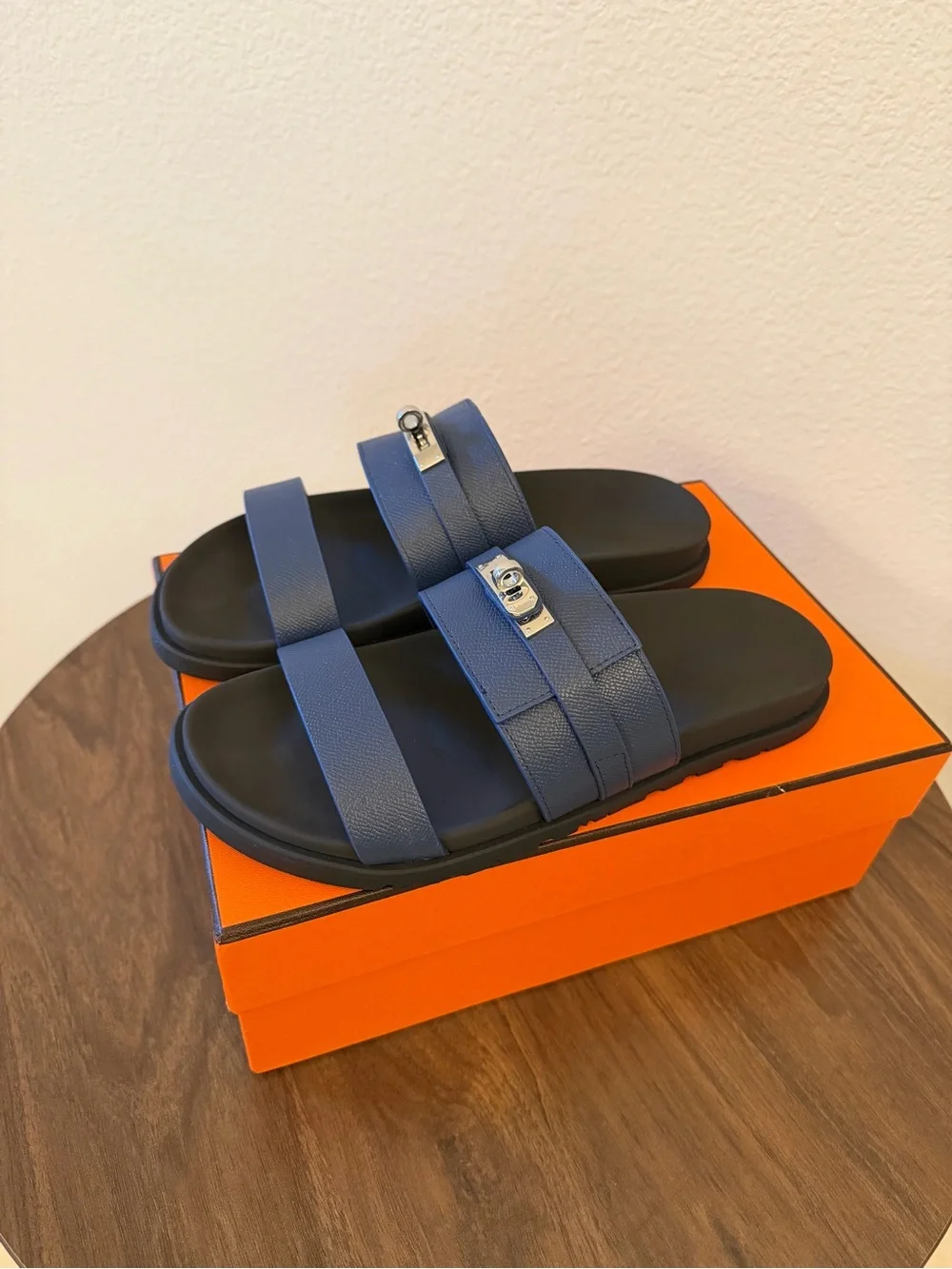 Blue Leather Double-Strap Slide Sandals